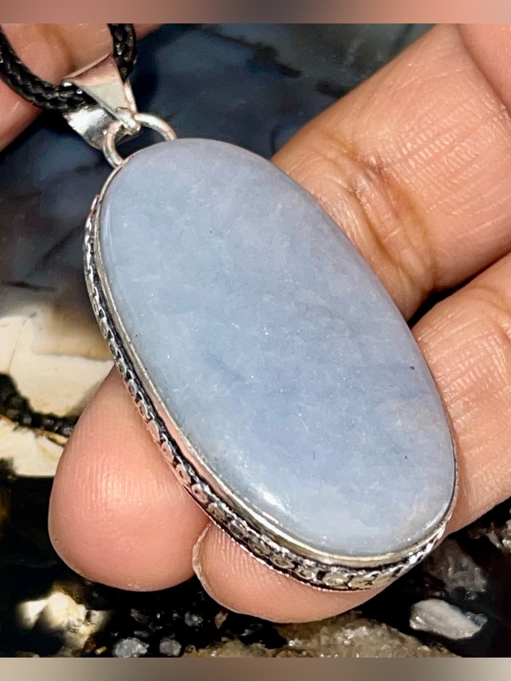 Round Blue Anhydrite Angelite Pendant 2 1/4”